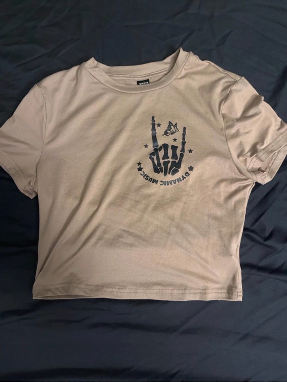 Crop top Beige Graphic Tee with Skeleton Hand Design
